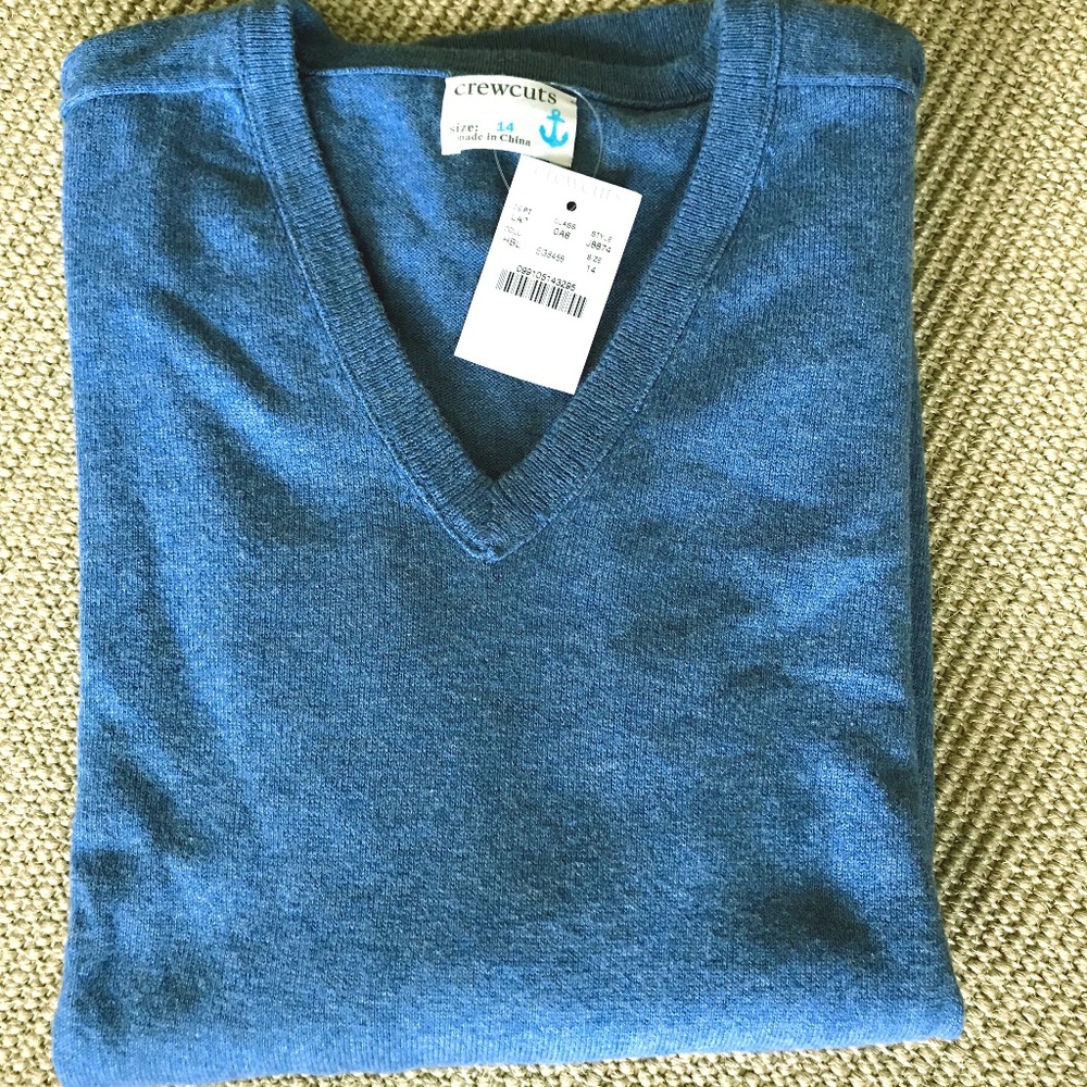 Blue Cotton and Cashmere V-Neck Pullover Sweater